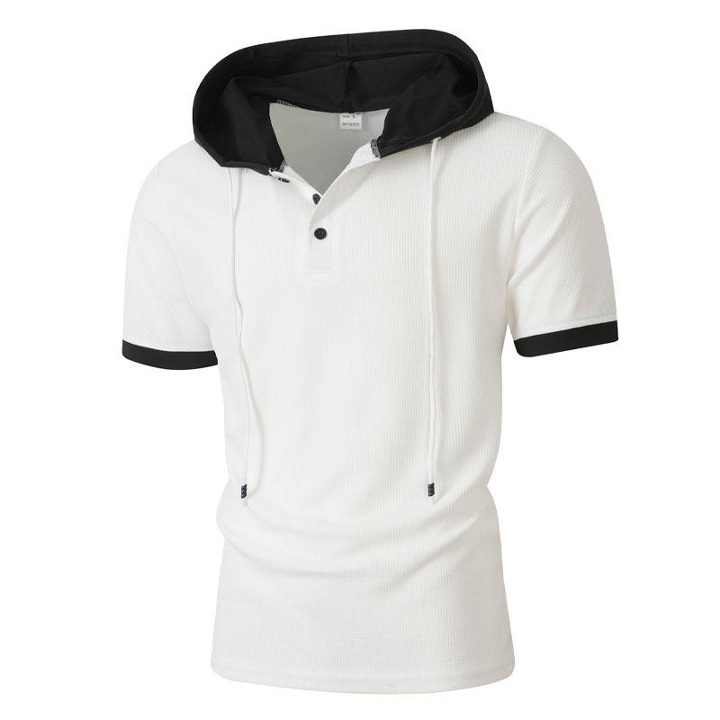 Mens Casual Waffle Color Block Hooded Drawstring Buttoned Short Sleeve T Shirt S белый