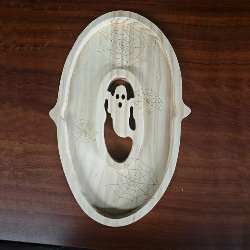 

Halloween Serving Tray Bamboo Decor Letter BOO Party Platter Natural Wooden Table Setting Spooky Food Display Centerpiece