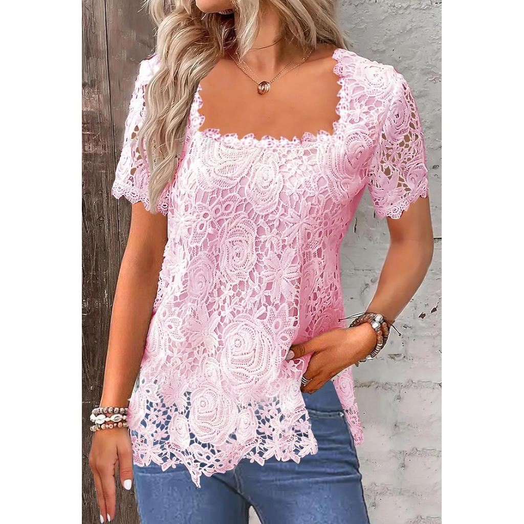 Lace Blouse Tee Shirt Women Vintage Top Solid Full Sleeve Square Collar Streetwear Ladies Casual Spring Summer Basic Tops