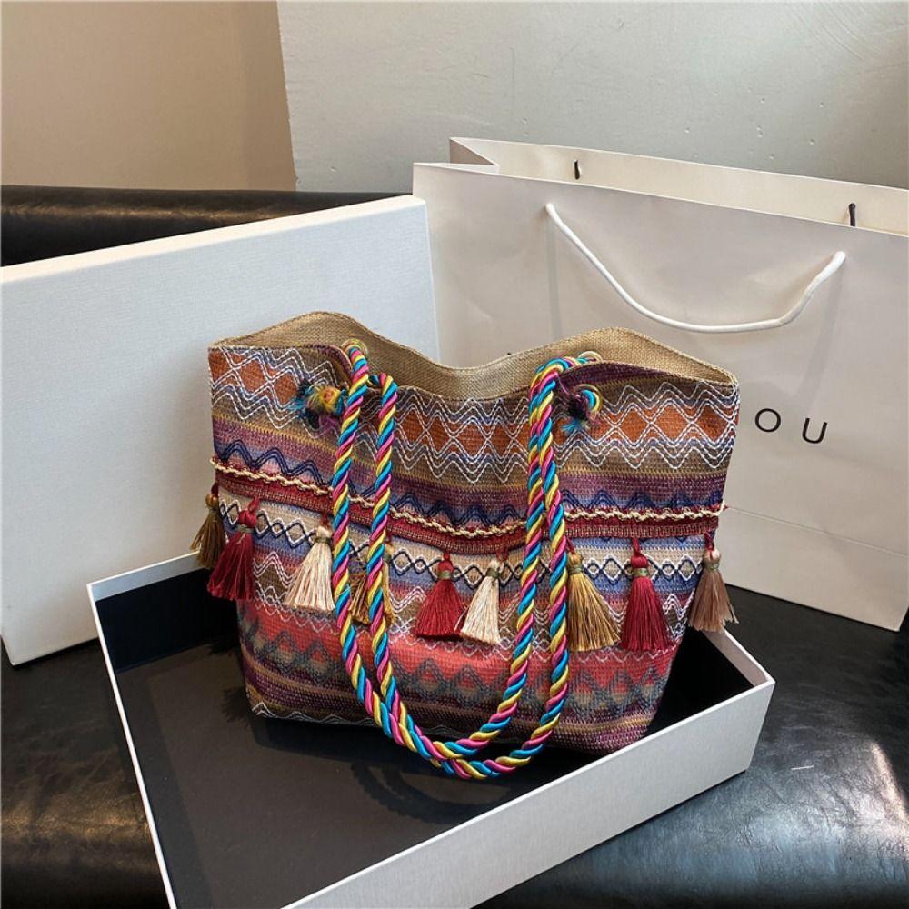 Tassel Ethnic Style Shoulder Bag Stripe Canvas Colorful Handbag Embroidery Tote Bag Outdoor