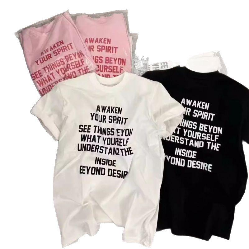 Women's Loose-Fit Summer Cotton T-Shirt, Letter Print, Custom Logo, Perfect for Class Uniforms.
