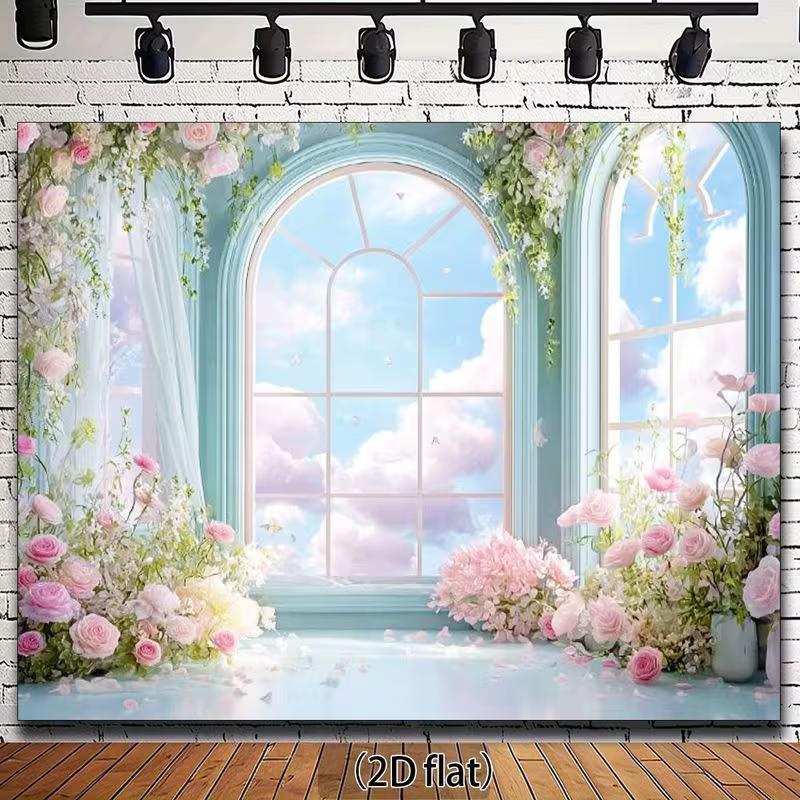 2D Pastel Blue Window Backdrop, Pink Flowers & Cloudy Sky Background
