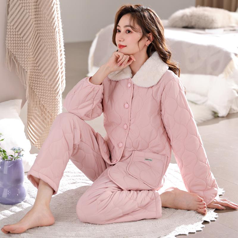 Pajamas Women'S Winter Three-Layer Thickened Padded Cotton Windproof Antistatic Coral Fleece Padded Jacket Autumn And Winter Loungewear Warm Suit