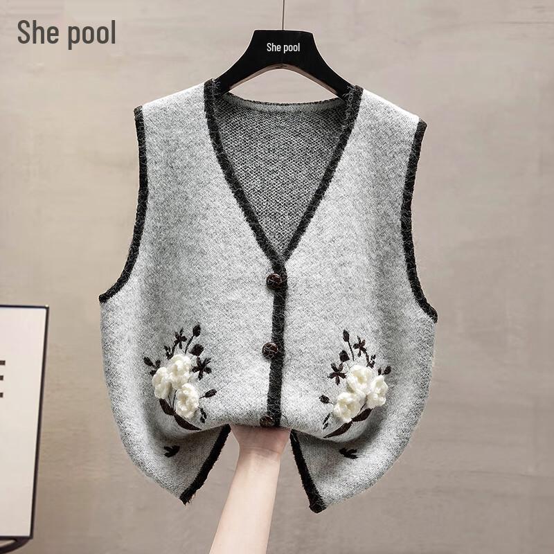 Women's Wool Blend V-Neck Floral Embroidered Vest