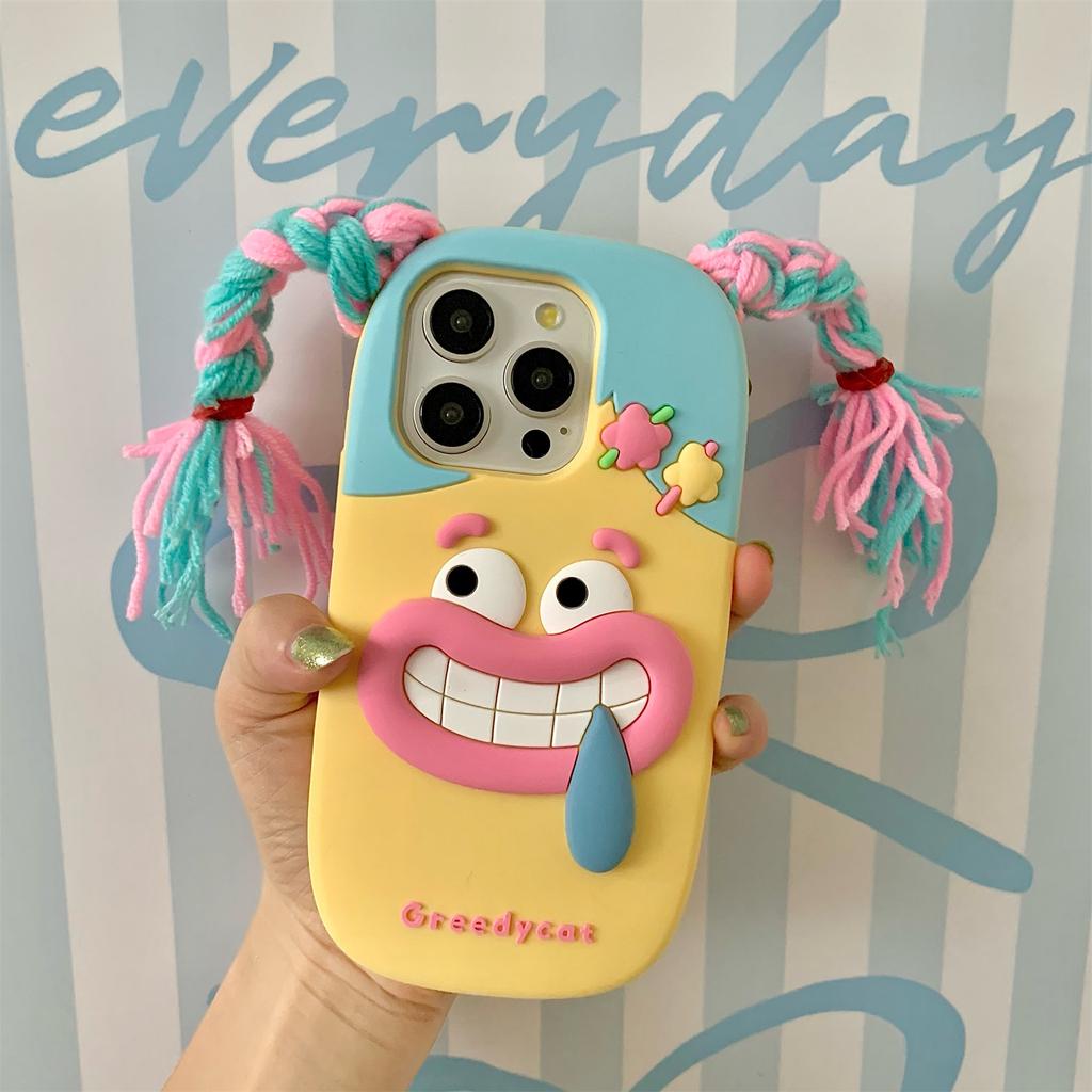 For iPhone 16 Pro Max Silicone Case Cute Colorful Braids Girl Design Shockproof Phone Back Cover