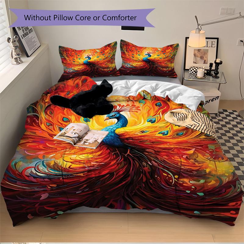 3pcs Peacock Feather Artwork Duvet Cover Set, 1 Duvet Cover + 2 Pillowcases (No Insert), High-Definition Print, Home & Dorm yy251123049