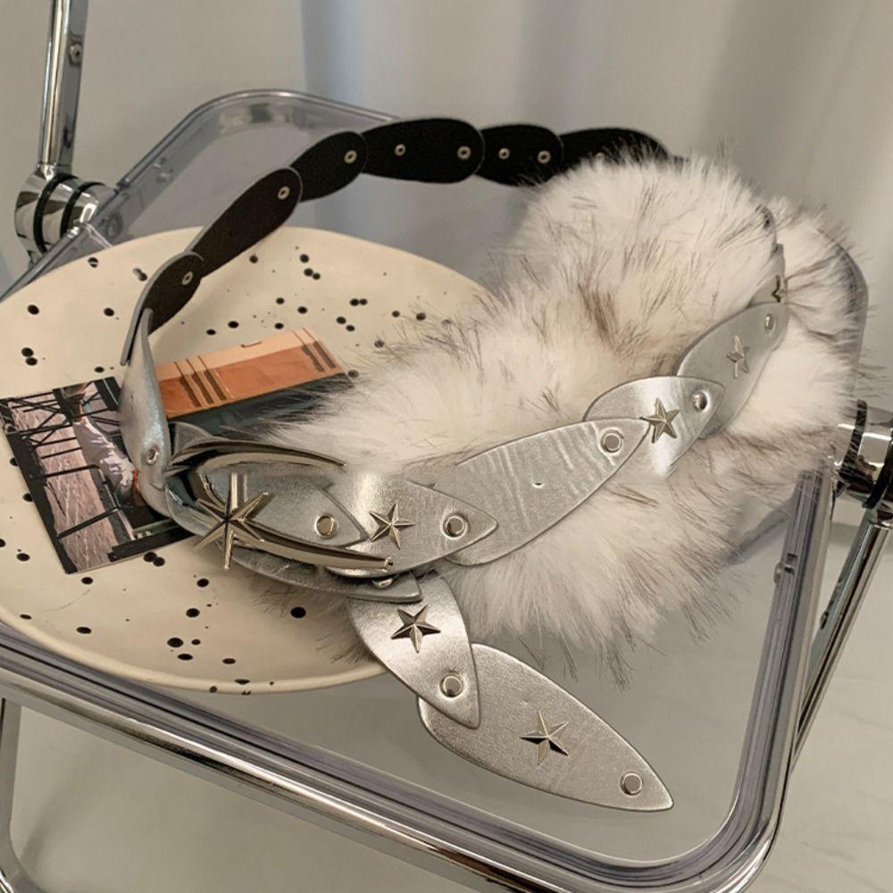 Y2K Plush Furry Splicing Belt Punk Star Rivet Belt Vintage Faux Fur Belts  Women Fashion