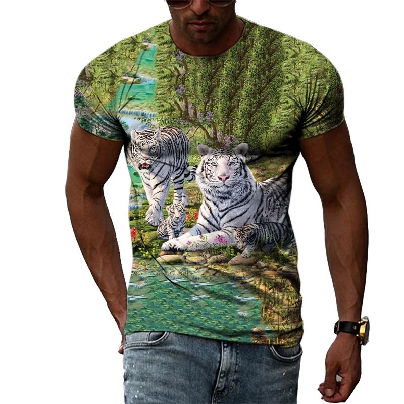 Fashion Handsome Animal Tiger Print Men T-shirt Summer Trend Casual Personality Hip Hop Street Style O-neck Short Sleeve T-shirt