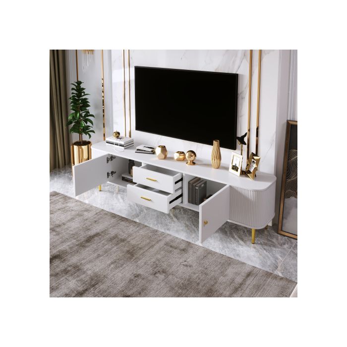 Meuble TV - MUVOE - Décontracté - Blanc Et Doré - 2 Tiroirs - Design Contemporain