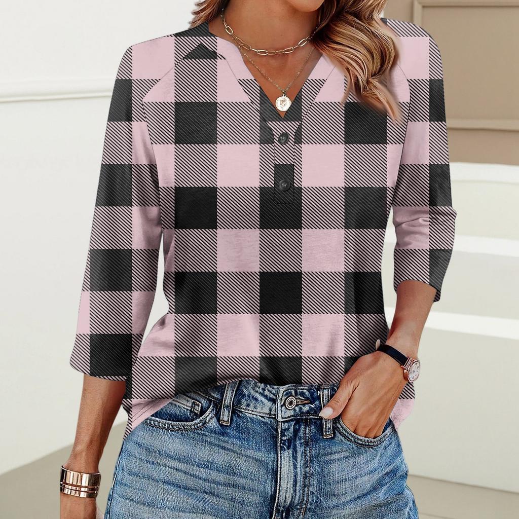 Damenmode Lässig Bedrucktes V-Ausschnitt Knopf Dreiviertelarm T-Shirt Raglanärmel Top