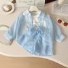Sommer Mädchen Sonnenschutz Set Gestreiftes Langarmshirt+Weste+Shorts Anzug für 2-10 Jahre Kinder Mode Sonne UV-Schutz 3-teiliges Outfit