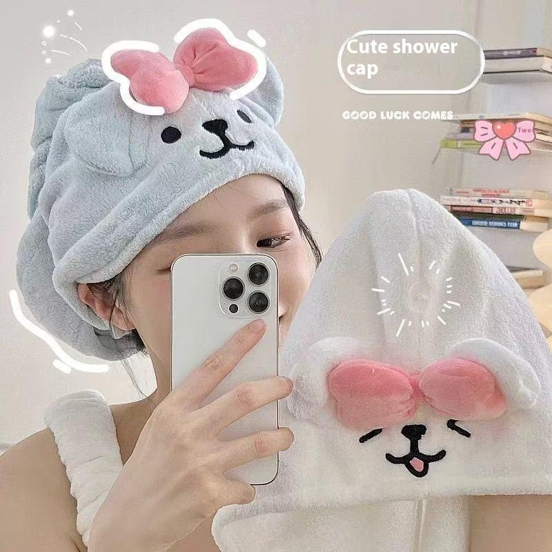 Puppy Embroidery Hair Drying Cap Coral Fleece Soft Absorbent Lightweight Quick Dry Shower Cap Household Hair Towel