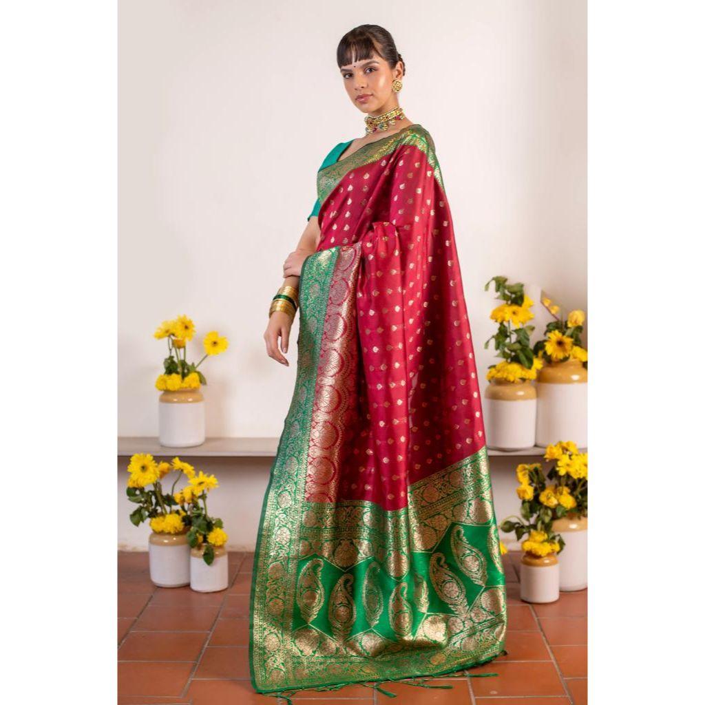 Beautiful Zari Work In Form of Traditional Motifs. This Beautiful Saree Is Elegantly Decorated with Gorgeous Solid Jacquard