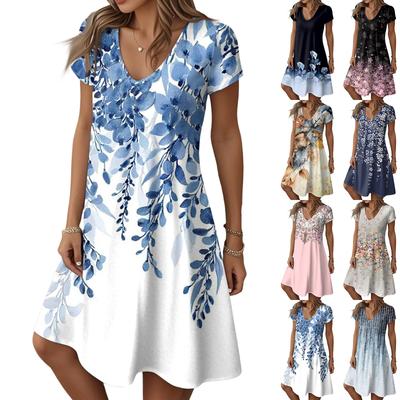 Women's Fashion Summer Casual Short Sleeve Floral Print Dresses