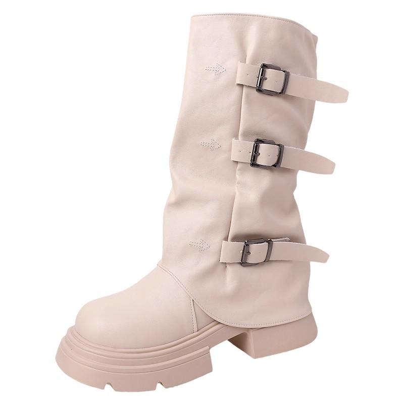 Off-white Fashion Popular Leather Boots Thin Medium and Long Boots Women's Shoes Autumn Fashion Small Thin Thick Heel Martin Boots