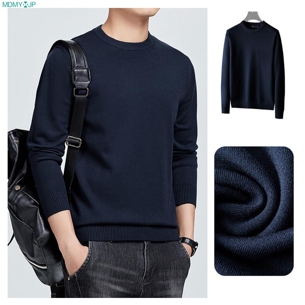 MDMYXJP Winter Crew Neck Knit Solid Long MD393 Men's Sweater, Warm, Color, Casual, Sleeve, Stylish, Spring/Winter Innerwear, (JP, Alphabet, 3XL, Navy)