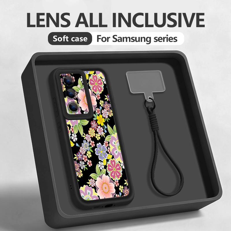 Wrist Lanyard Phone Case For Samsung Galaxy S26 S24 S25 Ultra S23 S25 FE A57 A17 A56 A16 A55 A54 A15 A25 Pink Flower Print Cover