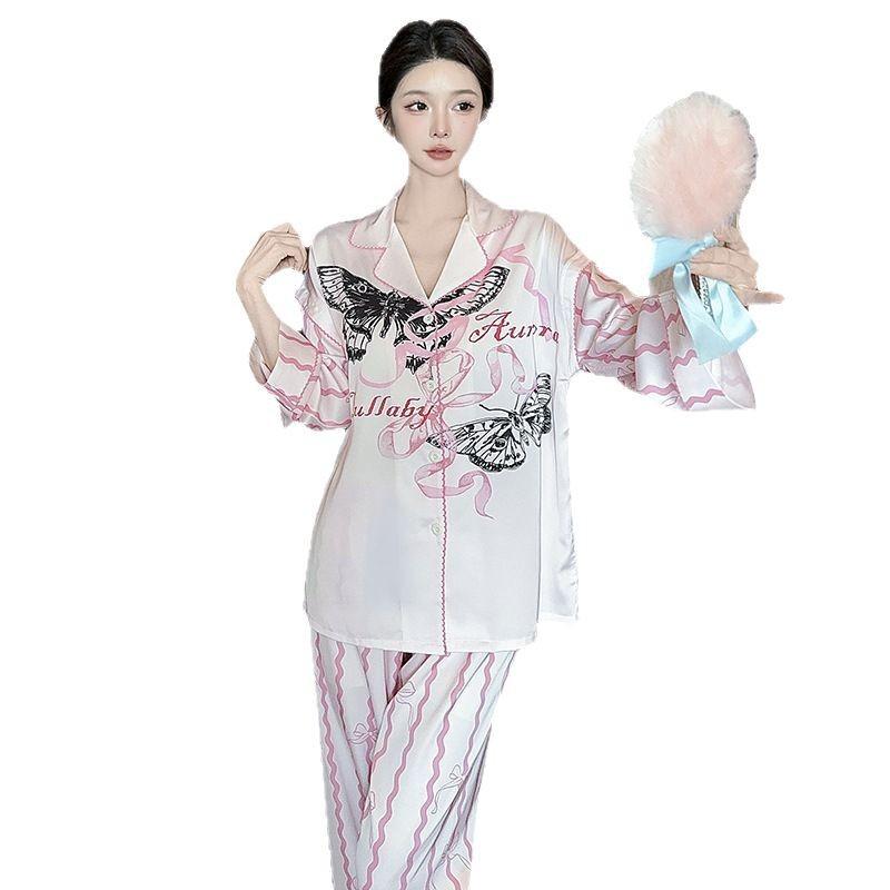 Pajamas Women's Spring and Autumn Ice Silk Long-sleeved Large-size Lapel Suit Can Be Worn Outside Summer New High-end Light Luxury Loungewear