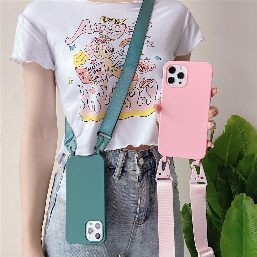 Crossbody Lanyard Matte Silicone Soft Case For iPhone 15 Pro Max 14 13 12 11 XR XS X 7 8 Plus Necklace Strap Shockproof Cover