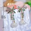 CMM Trendy Bowknot Design Paved White Green CZ Zirconia Women Long Artificial Pearl Drop Earrings for Bridal