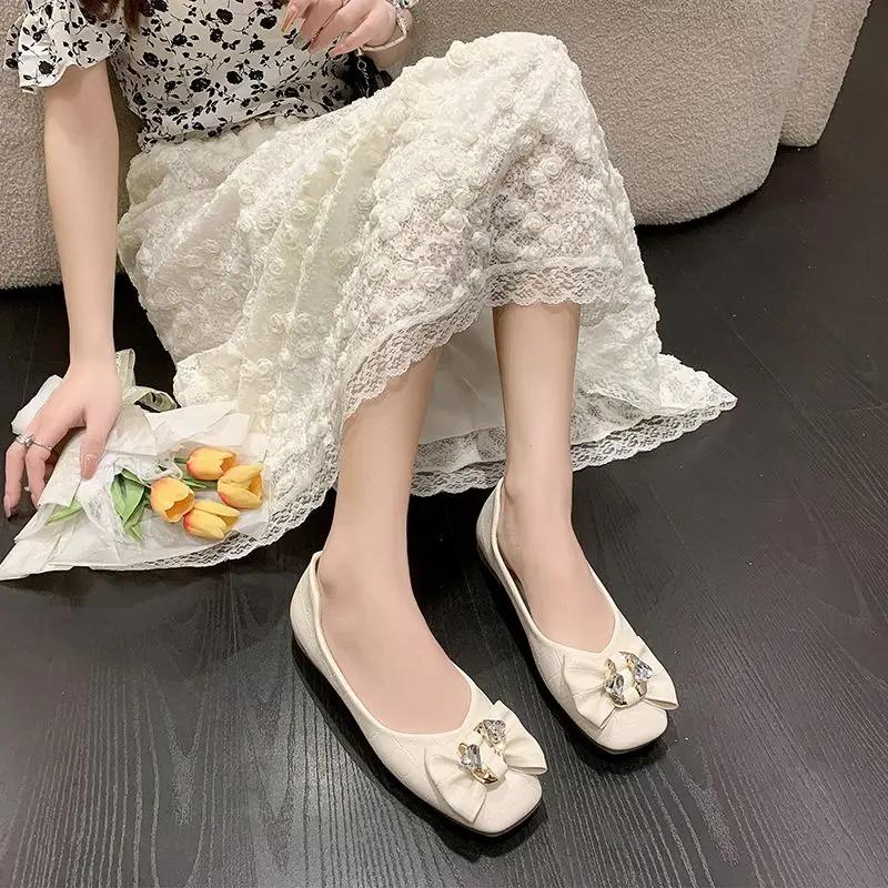 

Модные женские балетки с квадратным носком и кристаллами, кожаные, повседневные, цвета хаки, с бриллиантами, весна-лето 2025, элегантные, для платья, 39, Y2k, женская обувь 40