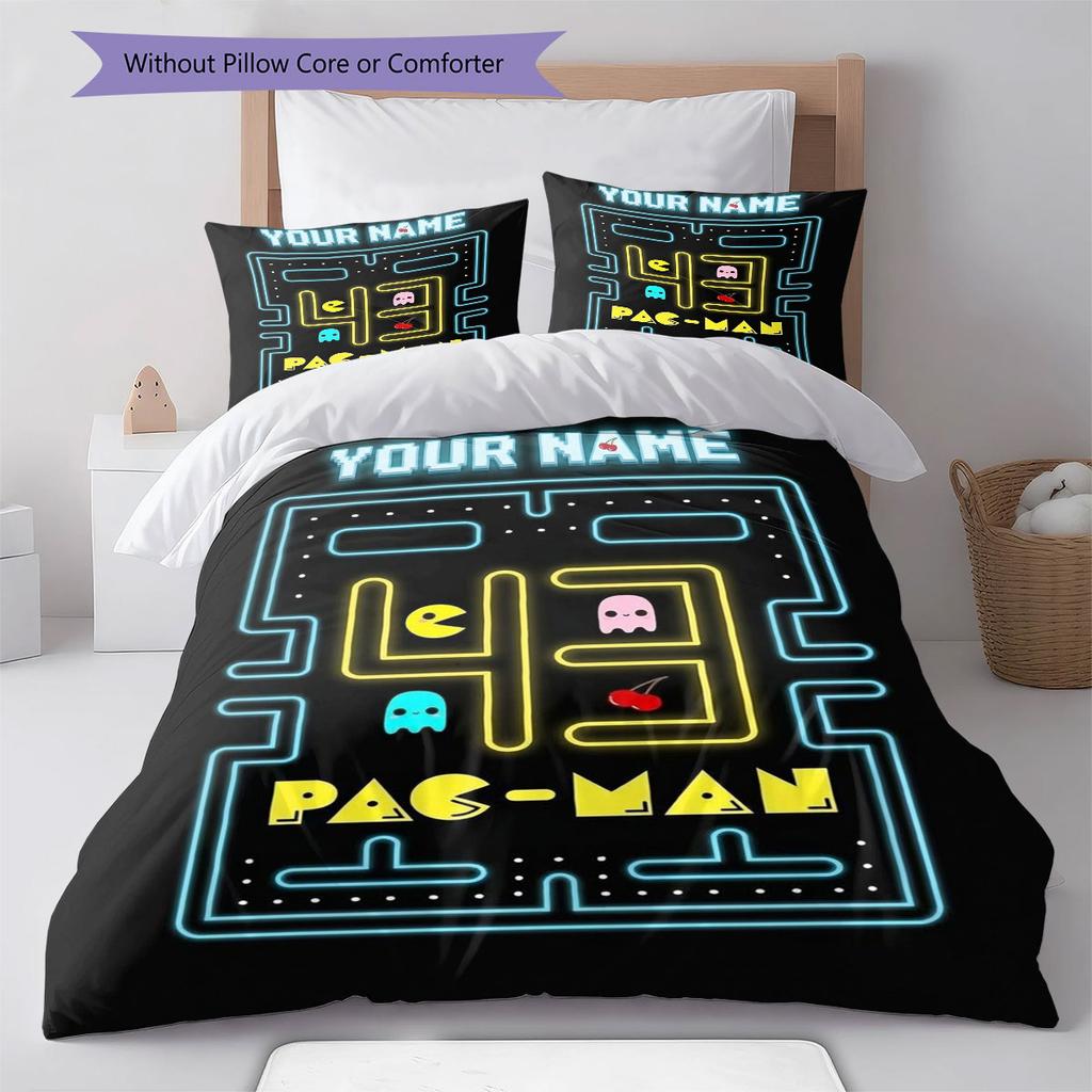 Pac-Man Custom Name Pattern Bedding,Quilt Set Quilt Cover Pillowcase Home Birthday Gift(1 * Duvet Cover + 2 * Pillowcase, Without Core)