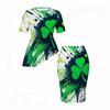 Women Plus Size Dark Green Shamrock Printed Round Neck Short Sleeve Asymmetric Top And Fitted Skirt Two Piece Set