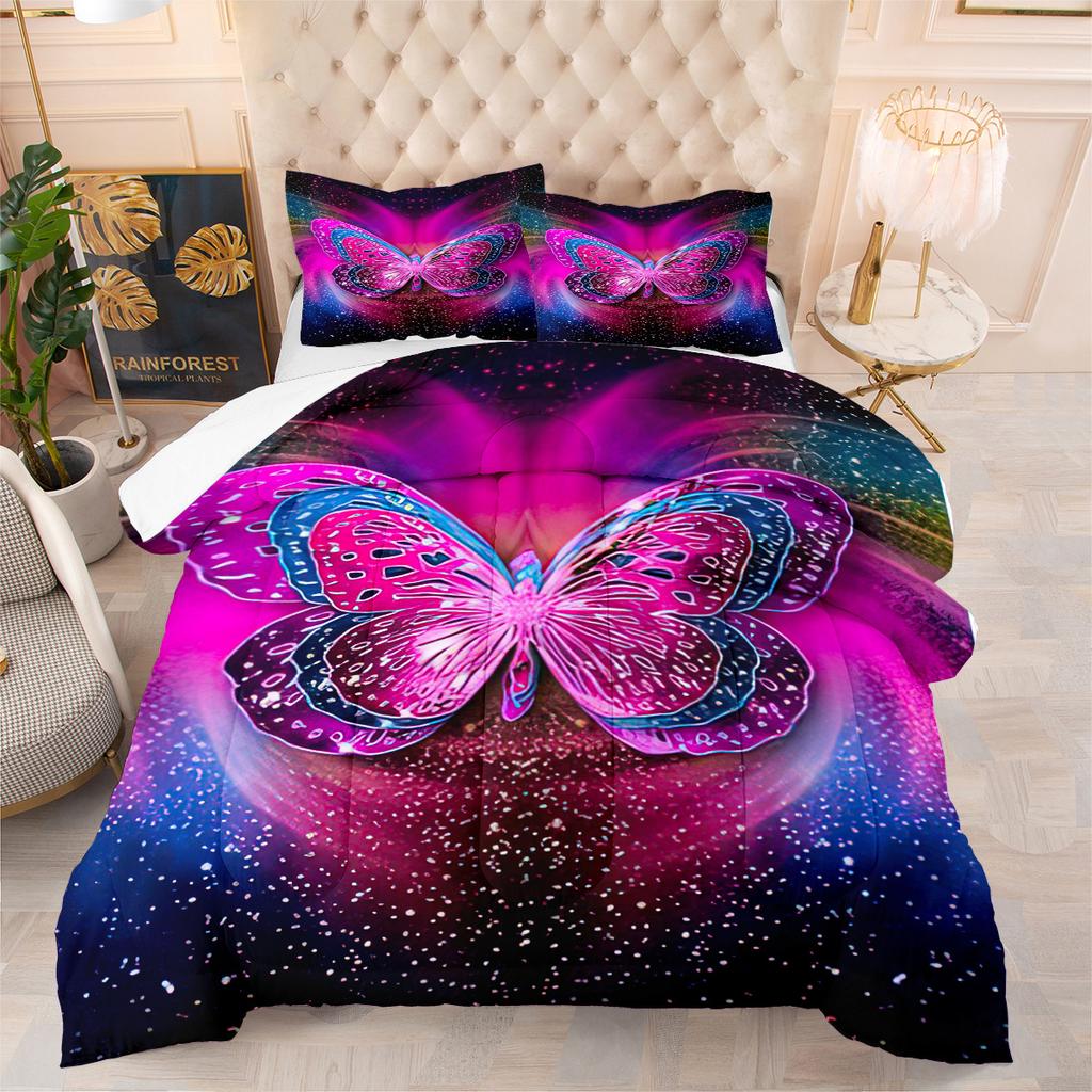 Butterfly Print Comforter Set - 3 Piece Set - Colorful Butterfly Design - Microfiber Comforter Cover