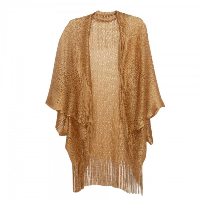 Womens Lightweight Sun Protection Shawl With Fringe Trim Gold Mesh Knit Cover-Up