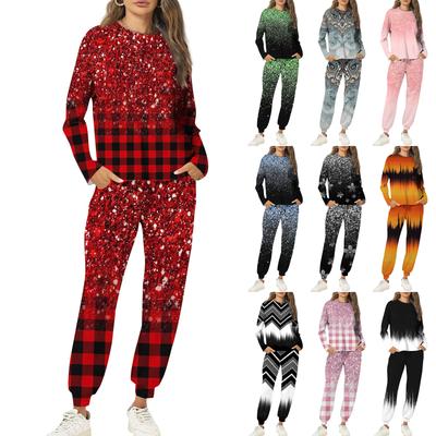 Sets For Women 2 Piece Round Neck Long Sleeve Shirts Printed Sweatpants Pocket Sets