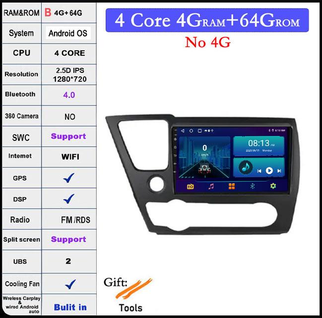 For Honda Civic 9 2013-2016 DSP Android 14 Car Radio Multimedia Video Player Navigation Stereo GPS Monitor