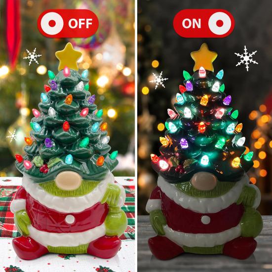 Yousheng 10 Inch Lighted Christmas Gnome Tree Resin Reindeer/Santa Dog Gnome Tree with LED Light for Home Office Fireplace Mantel Tabletop Decor