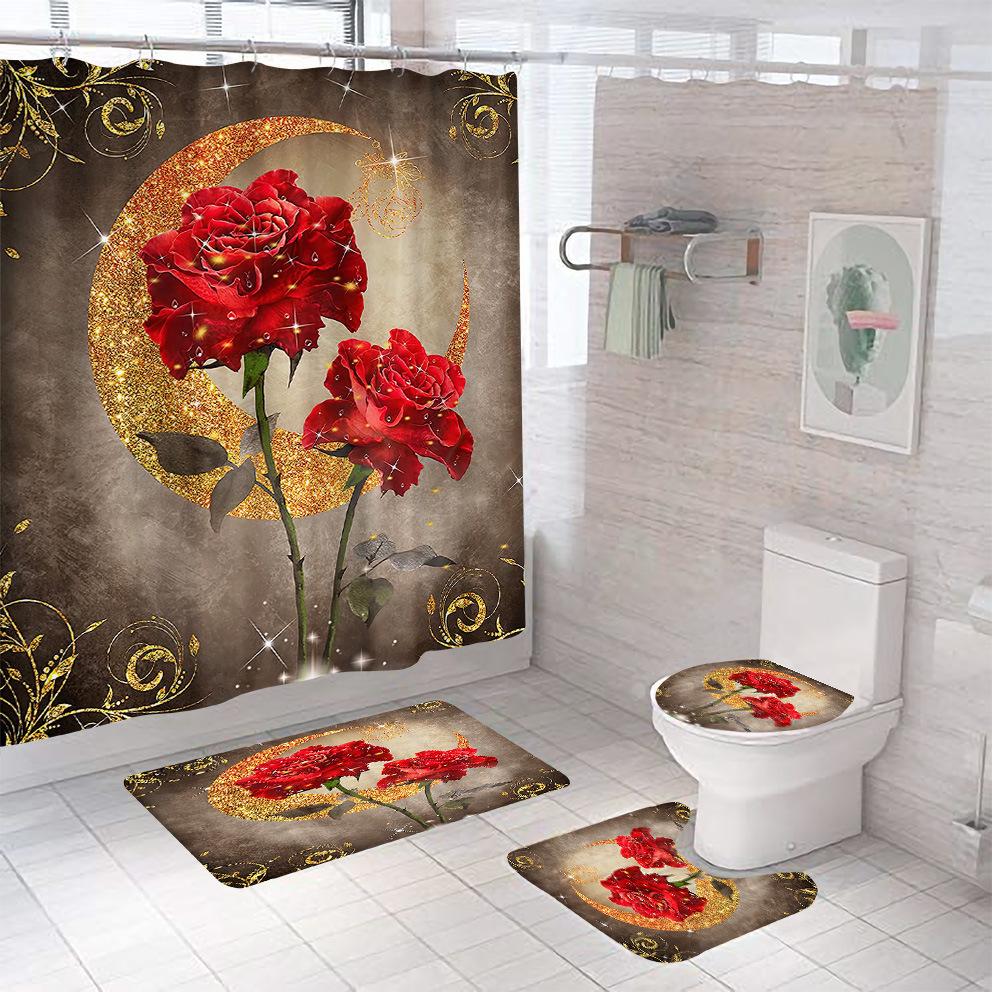 3D Cyfrowy Nadruk Róża Zasłona Prysznicowa Łazienkowa, Zestaw Trzyczęściowy Czteroczęściowy