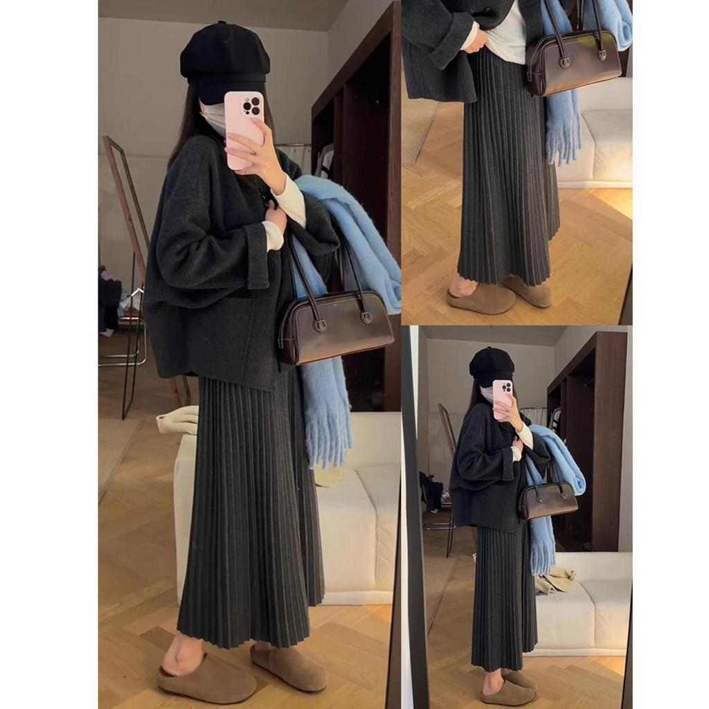 Elegant High-Waisted A-Line Wool Skirt for Women 2025 Autumn/Winter - Slimming, Draped, Pleated Knit Style