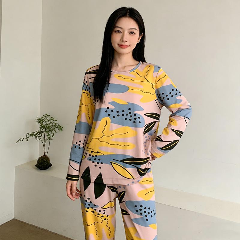 Spring and Autumn women's cartoon pajamas, pink girl cat print long-sleeved suit, loose loungewear