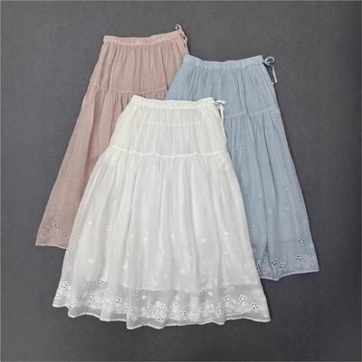 Summer French Embroidery Three-dimensional Flower Skirt Women Vintage Ramie Elastic Waist Skirts