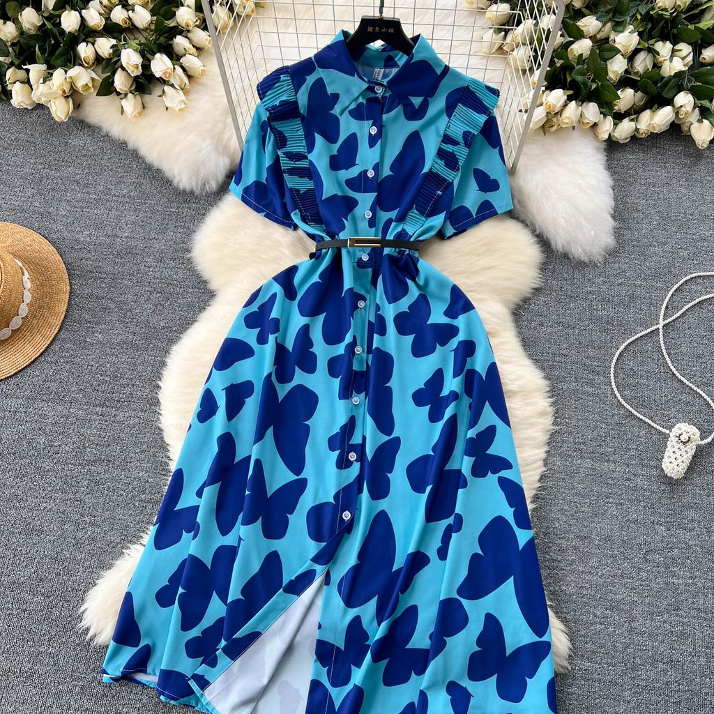 Šik Elegantní Potisk Jedlá Stromová Houba Krátký Rukáv Elegantní Zavinovací Límec Bodycon Šaty Módní Štíhlé Letní Šaty