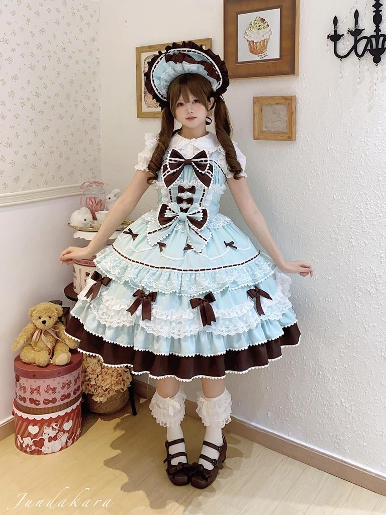 Jundakara Tiered JSK Jumper Skirt with Back and A dreamy and cute dress perfect for cosplay or bridal Available in green and Women's Ribbon, Ruffles,