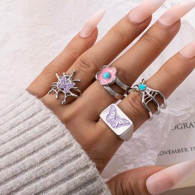 4pcs/set Combination Ring Retro Spider Web Flower Butterfly Hollow Ring