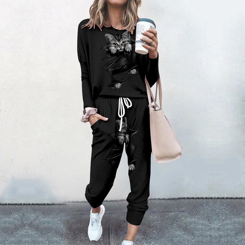 High-End Fashion Sports Sweater Set Women'S Autumn Loose Casual Long-Sleeved Printed Top Bundle Leg Pants Two-Piece Set