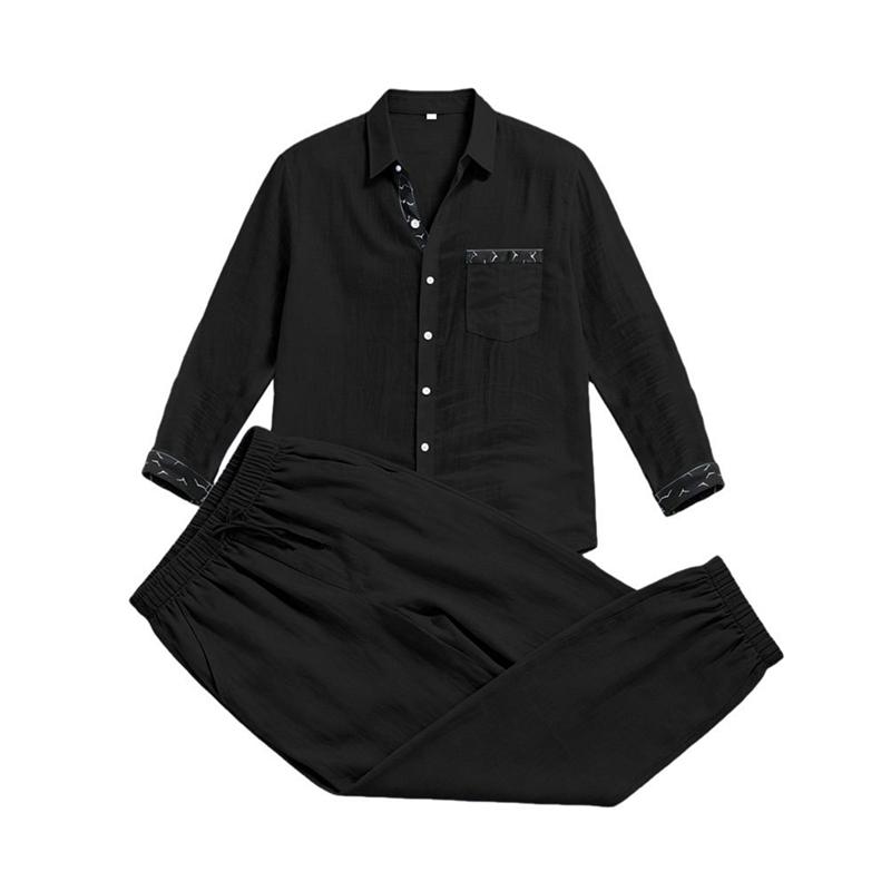 Men's 2‑Piece Linen‑Blend Set, Long‑Sleeve Button Shirt with Contrast Pattern Trim & Chest Pocket, Drawstring Jogger Pants Breathable Casual Outfit