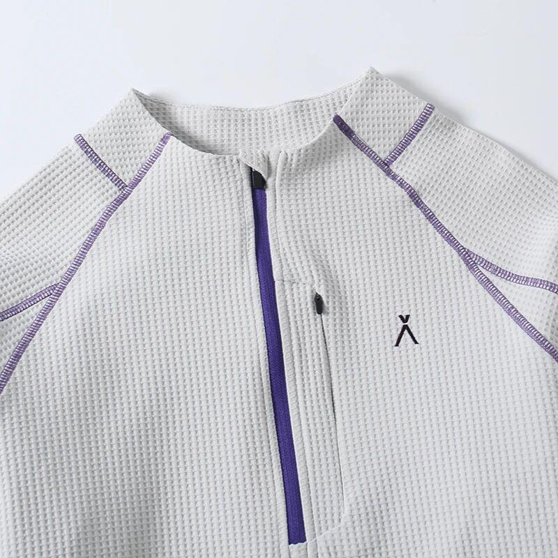 Mountain-Style Unisex Autumn Waffle Knit Half-Zip T-Shirt: Color-Block, Snap Button, Loose Fit, Breathable Long Sleeves