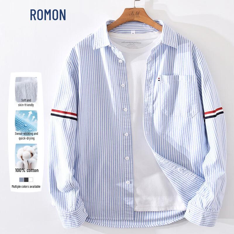 

ROMON Men s Japanese Style Oxford Stripe Long Sleeve Shirt 3XL