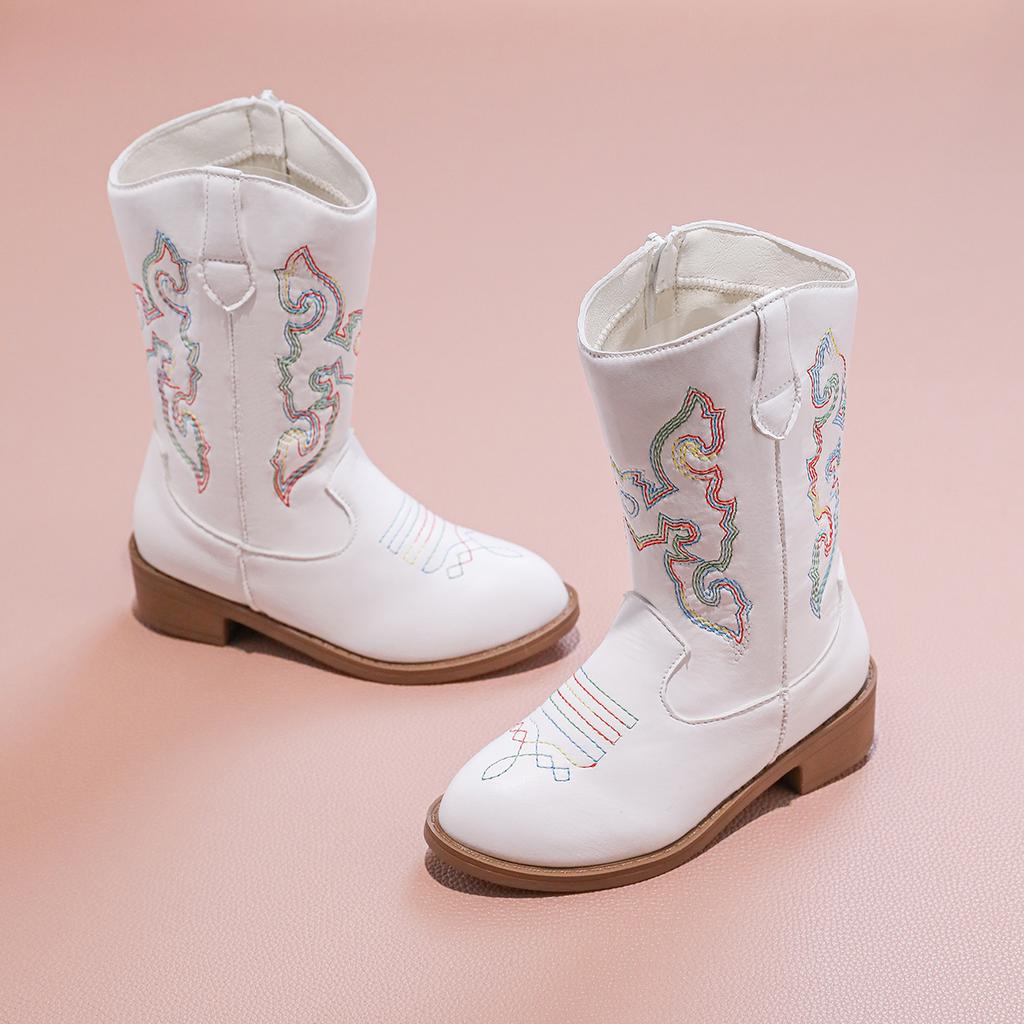 Dziewczęce Botki Cowboy ze Skóry PU Nowe Jesień Zima Dziecięce Botki do Połowy Łydki Antypoślizgowe Zamek Boczny Proste Retro Dziecięce Botki Codzienne