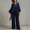 Women's new loose V-neck top high waist wide legs casual vacation style solid color suit