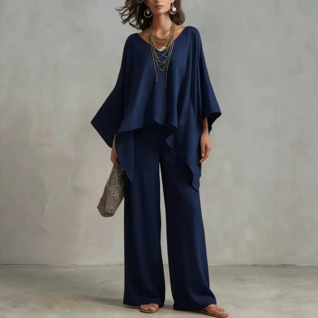 Women's new loose V-neck top high waist wide legs casual vacation style solid color suit