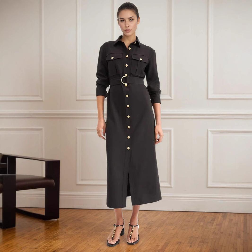 European and American fashionable single-row metal buckle exquisite embellishment with tooling pocket belt slim design shirt dress S
