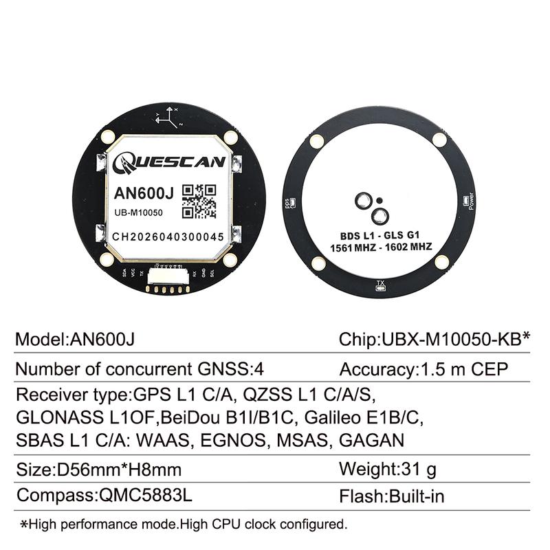 QUESCAN UBX M10 GPS GNSS Module with Compass QMC5883L Dual-feed Antenna ESP32 GPS Galileo BeiDou GLONASS QZSS SBAS Receiver NMEA