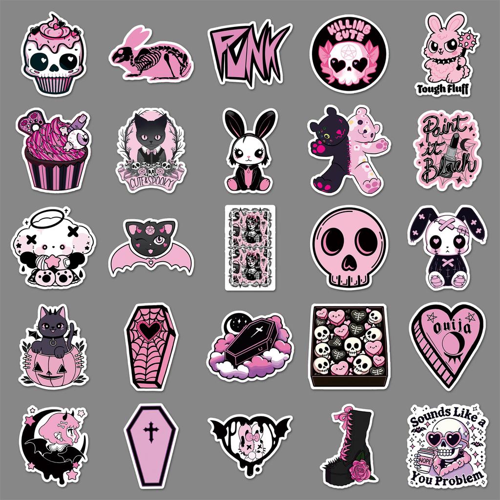 50 Black Pink Gothic Stickers Creative Cool Trend Diablo Skull Decoration Computer Skateboard Guitar Stickers