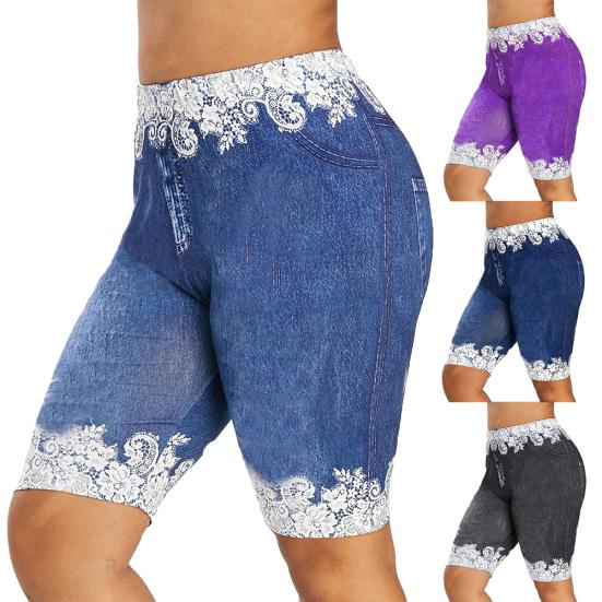 Women Fashion Lace Patchwork High Waist Leggings Denim Shorts Sports Minipants